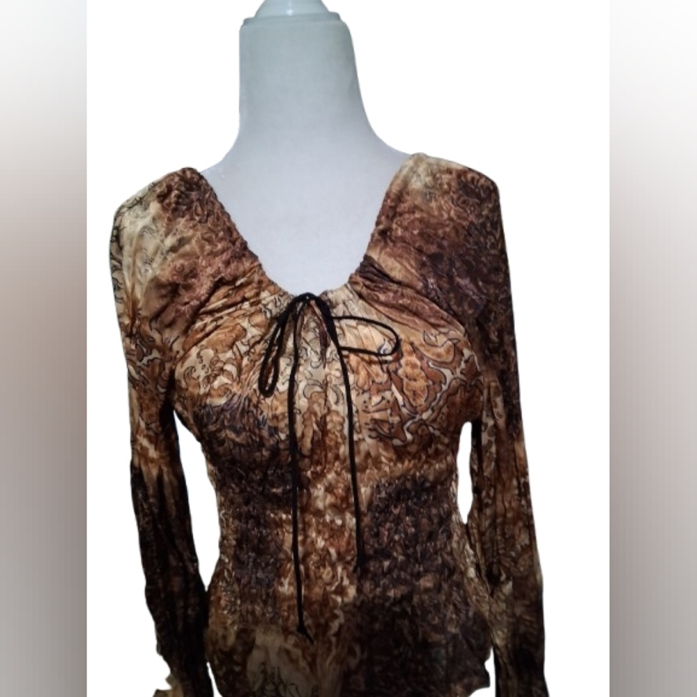 VTG Y2k Early 2000's Rampage Gold Copper Satin Brown Long Sleeve Ruched Top, LG